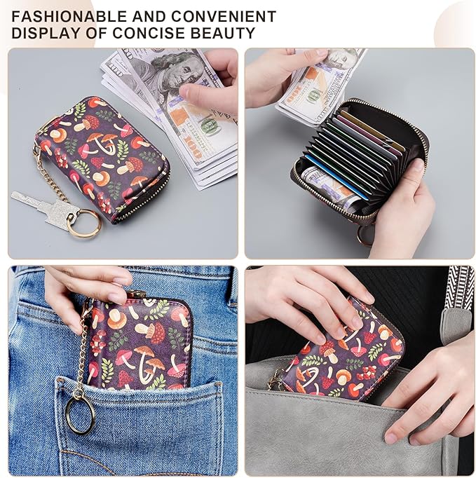 APHISON RFID Credit Card Holder Wallets for Women Leather Zipper Card Case for Ladies Keychain Wallet