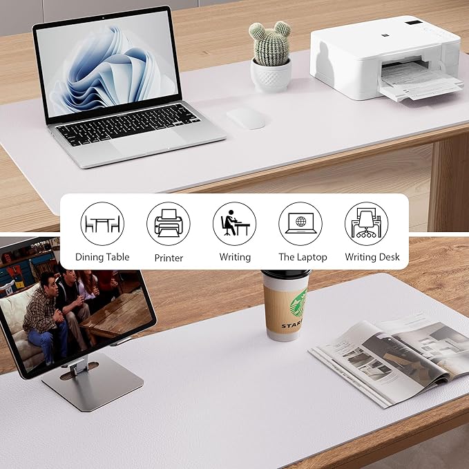 Aothia Large PU Leather Desk Pad Protector – Non-Slip Mouse Pad & Writing Mat for Office/Home, Waterproof, Easy to Clean (48" x 17", Pale Lavender White)
