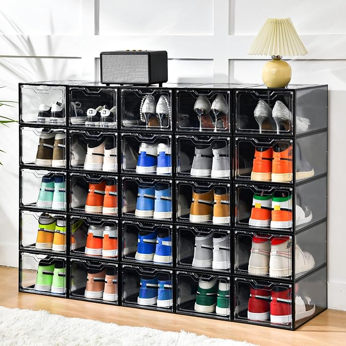 Stebopum 12 Pack Stackable Shoe Storage Organizer with Magnetic Door, Shoe Boxes Clear Black Plastic for Closet, Shoe Rack for Sneaker Boot Container, Shoe Cabinet Fit up to US Size 12