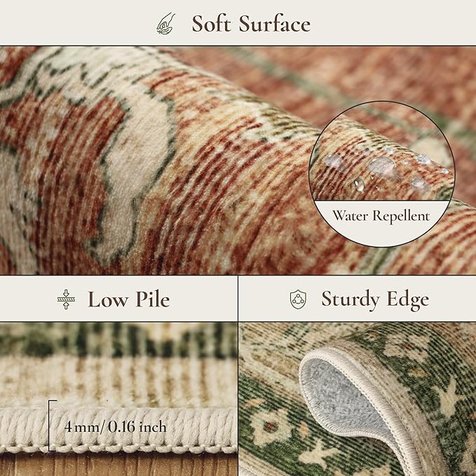 GENIMO 8x10 Area Rugs for Living Room, Machine Washable Non Slip Vintage Rugs, Low Pile Lightweight Chenille Print Rug for Bedroom, Dining Room, Home Office