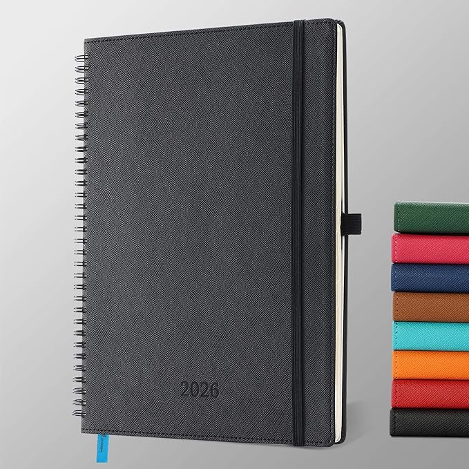 IN-LUXPRO Planner 2026 Daily Weekly and Monthly,11.5"x8.5",12 Months Spiral Bound Calendar Agenda with Self-adhesive Pen Holder,2026 Appointment Book with Vegan Leather Soft Cover,Black