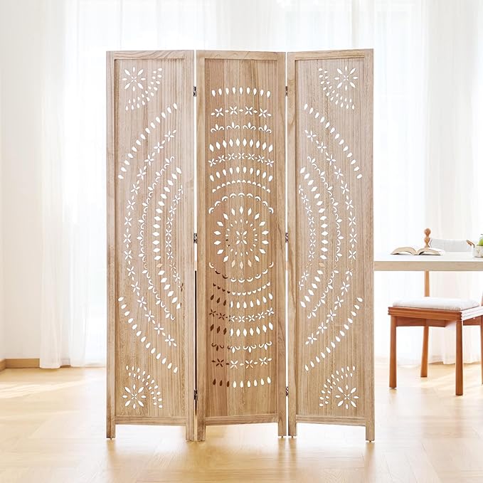 66.9Inch Folding Room Divider, 3 Panels Wood Carved Privacy Screens, Free Assembled Freestanding Partition for Home Office Restaurant Bedroom (Natural)