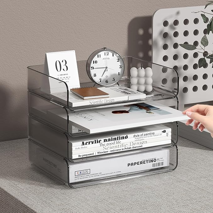 FANXIYQ 4-Tier Acrylic Paper Tray Organizer - Low-Profile Desk File Sorter for Office/Home, Brown Stackable Letter Tray for Bills, Crafts, Notebooks