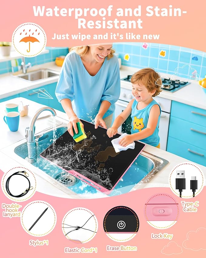[Rechargeable] 20 Inch LCD Writing Tablet for Kids, Extra-Large Drawing Tablet for Adults, Educational & Learning Toys for Boys Girls Ages 8-12 Years Old, Drawing Board for Kids Birthday Gift (Pink)