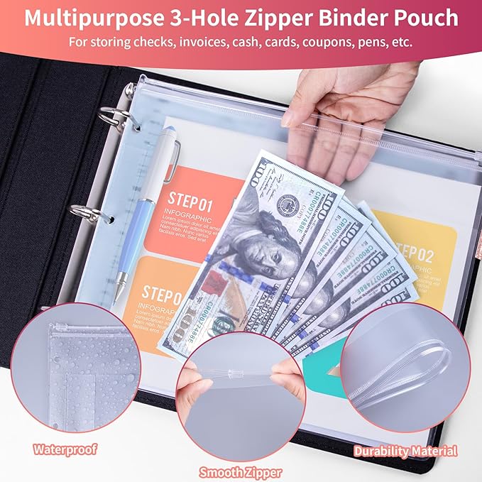 Antner 3 Ring Personal Check Binder for 3-on-a-Page End-Stub Deskbook & Personal 3 Holes or 9 Holes Small Size Checks, PU Leather Check Holder Checkbook Binder Cover with Zipper Pouch, Rose Gold