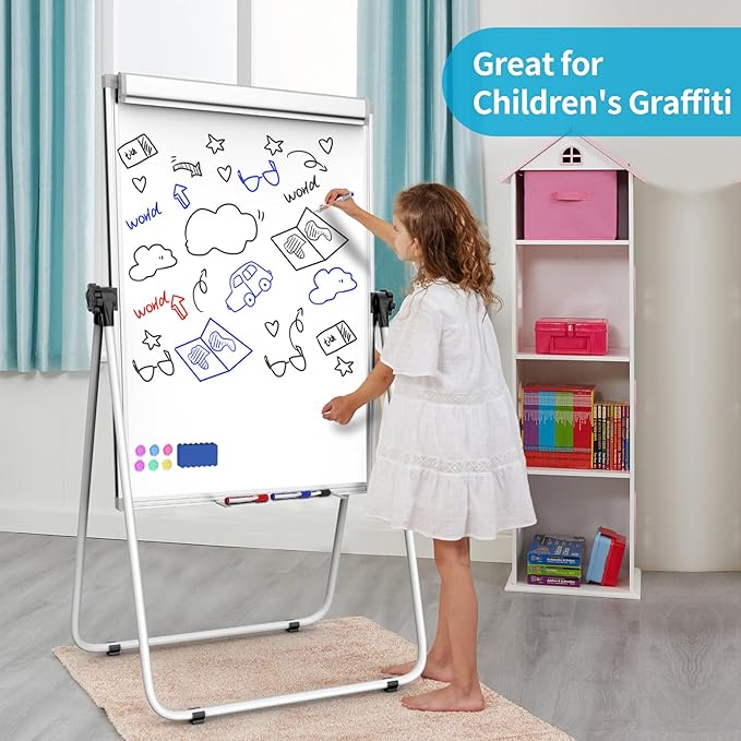 DexBoard U-Stand Double Sided 40" x 28" Magnetic Dry Erase Easel, Height Adjustable & 360° Rotating Whiteboard with 1 Eraser, 6 Magnets and Paper Pads