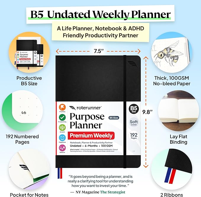 Roterunner Purpose Planner Notebook B5 7.5”x9.8” Undated 2026 Daily Weekly and Monthly Productivity Goal Setting Tool for Work Home ADHD Planner for Adults Self Care Journal