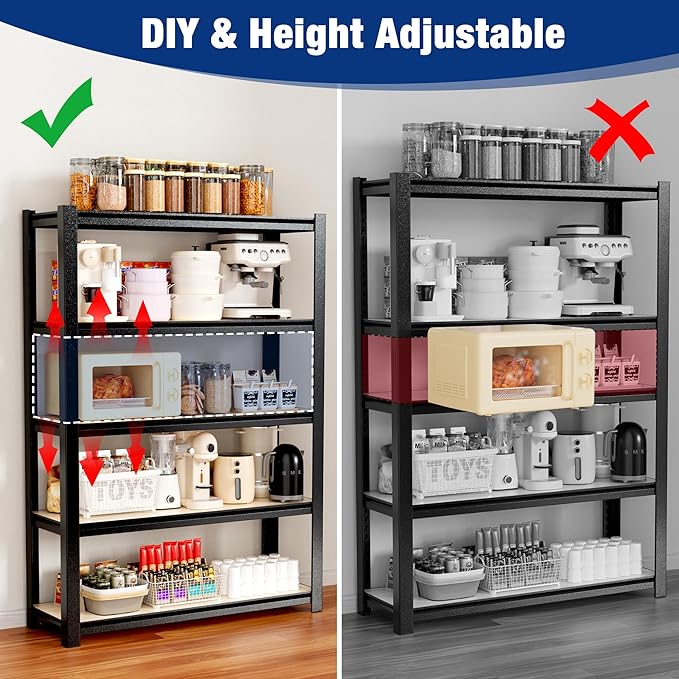 WORKPRO House 5-Tier Shelving Unit, Adjustable Heavy Duty Storage Shelves, Wood Grain Pattern, Waterproof Board, 3000lbs Boltless Shelving for Kitchen, Living Room, Garage, 48"W x 24"D x 72"H, Black