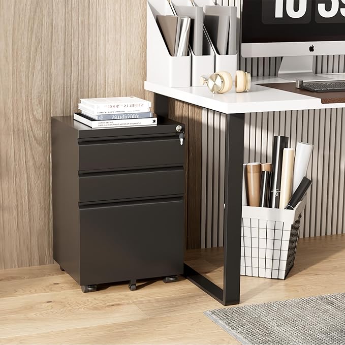 Greenvelly 3 Drawer Mobile File Cabinet with Lock, Fully Assembled Rolling File Cabinet Except Casters, Under Desk File Cabinet with Wheels for Home Office Fit Legal/Letter/A4 File (Assembled, Black)