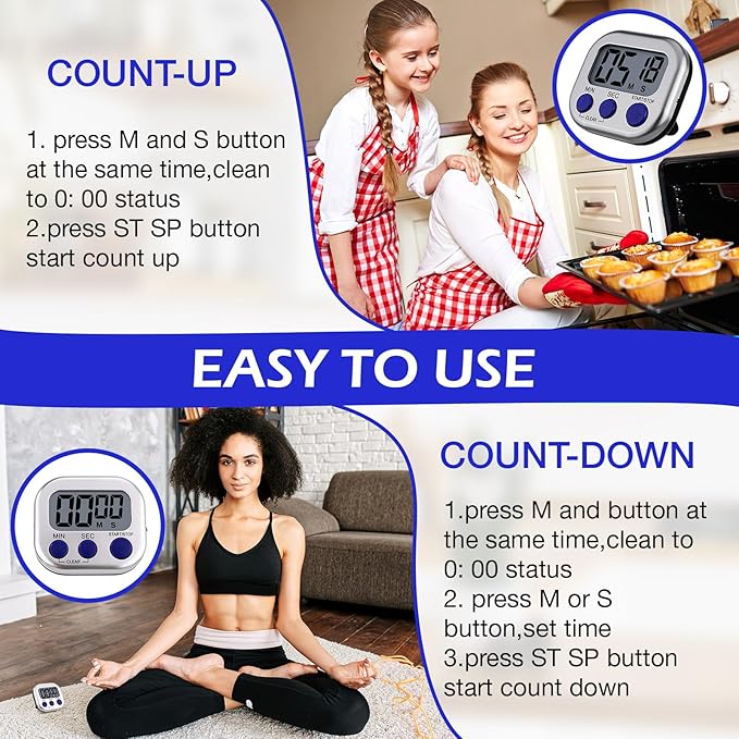 Leumoi 24 Pcs Digital Kitchen Timers Magnetic Back Timers Bulk Large Screen Loud Alarm On/Off Switch Minute Second Count up Countdown Memory Setting for Cooking Classroom Exercise (Sliver and Blue)