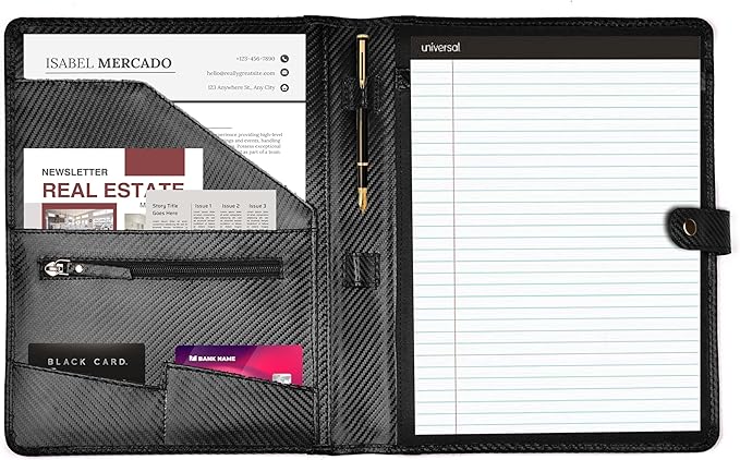 LEATHER VILLAGE Portfolio Professional Organizer – Carbon Fiber Genuine Leather Padfolio Resume Folder for A4 Letter Pad with Pen Holder, Business Card Slots – Ideal for Men & Women - Black