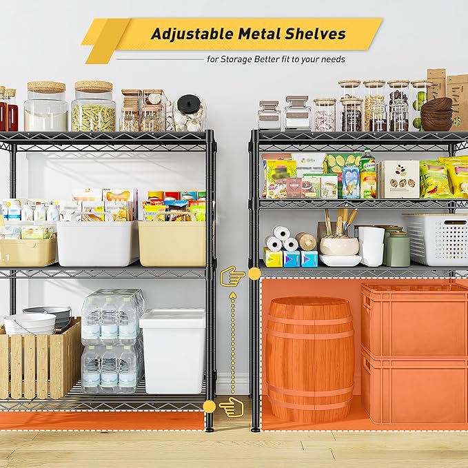 3 Tier Storage Shelves Metal Shelving Unit,Adjustable Wire Rack Pantry Kitchen Shelves,Small Shelf Wire Shelving for Laundry Office Bedroom Dorm Bathroom Closet 24" W x 30" H x 14" D Black Shelves