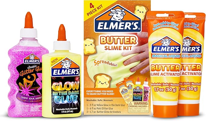 Elmer’s Butter Slime Kit, Includes Glow in the Dark Glue, Glitter Glue, Slime Activator, 4 Count - Kids Activity, Creative, Fun Holiday Gift
