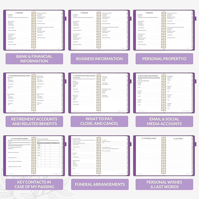SUNEE End of Life Planner - I'm Dead Now What Planner for Seniors & Family Legacy, Large Print Spiral-Bound Estate Planning Organizer with Tabs - Final Wishes, Passwords & Funeral Planning, A4, Purple