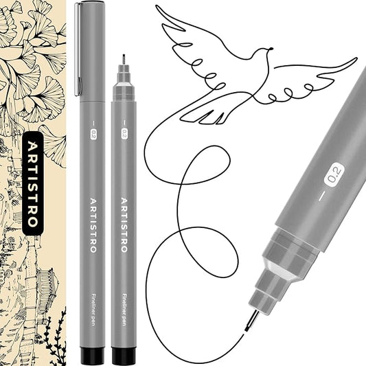 ARTISTRO Set of 2 Fineliner Pens, Black Micro Pens for Drawing, Waterproof Archival Ink, Ultra Fine Tip Pen for Illustration, Technical Pen, Sketching, Writing, Drawing, Journaling, Pair of Fine Tip