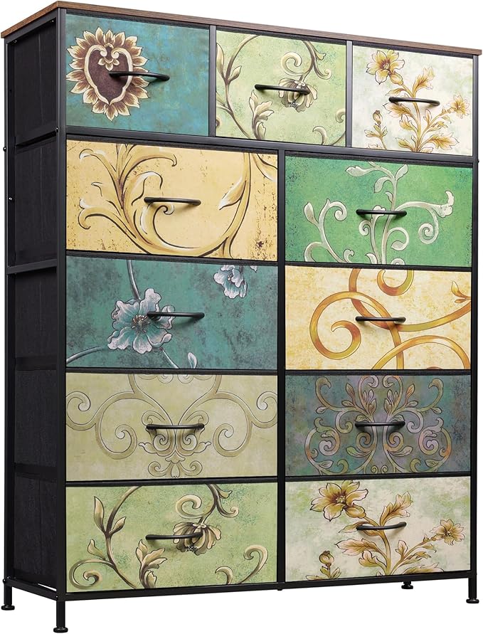 WLIVE Tall Dresser for Bedroom, Fabric Dresser Storage Tower, Chest of Drawers Organizer Unit with 11 Drawers, Storage Cabinet, Hallway, Closets, Steel Frame, Wood Top, Vintage,Floral Painted