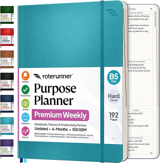 Purpose Planner Notebook B5 Hardcover 7.5”x9.8”- Teal Undated Daily, Weekly, and Monthly 2026 - Productivity & Goal Setting Tool for Work, Home, and Self-Care - ADHD & Journal for Adults