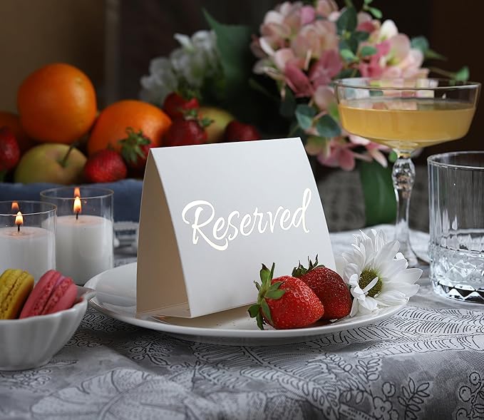 20 Pack Modern White Reserved Table Sign with Gold Letters - Reserved Signs For Wedding - Wedding Accessories - Tent Signs For Reserving Seats & Places - Place Cards for Party, Event