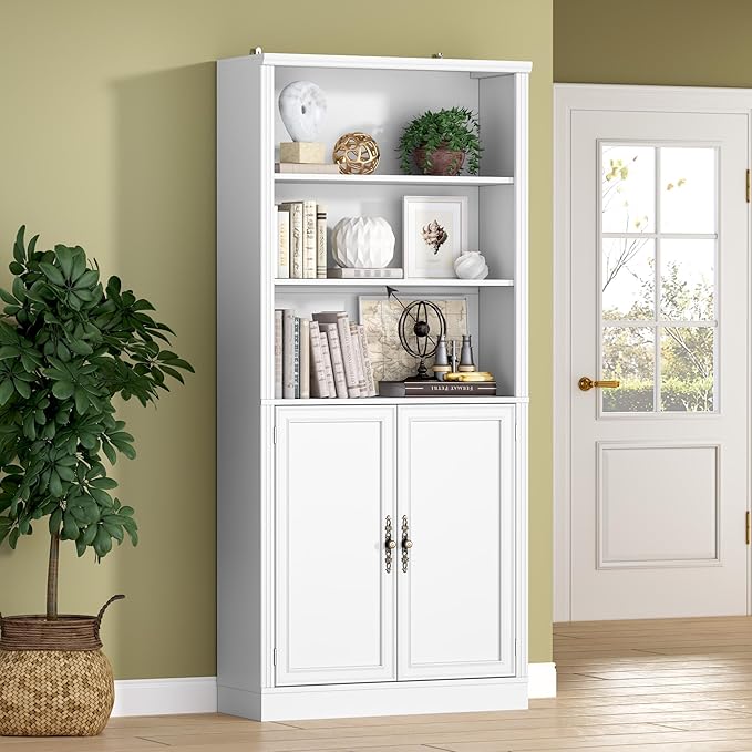 BORNOON 71.4" Tall Bookshelf with Cabinet, 5-Tier Floor Standing Bookcase with Doors & Adjustable Shelves, 31.5" Wide Storage Shelf, Metal Handles, Modern Organizer for Home Office, Living Room