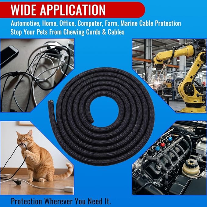 Flauzmann 3/8" Braided Cable Sleeve - 10Ft Cat Cord Protector Split Wire Loom Tubing Flexible Self Wrapping for USB, Audio, Automotive Cord, Dog Chew Proof Cable Protector - Black