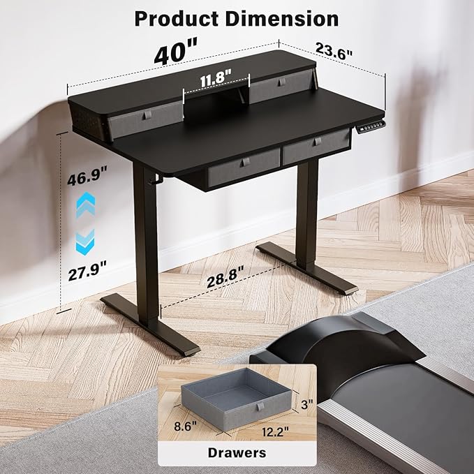 Kingant 40 x 24 Inch Electric Standing Desk with 4 Drawers, Height Adjustable Sit to Stand Computer Desk with Storage Shelf and C-Clamp Mount Compatibility for Home Office, Black