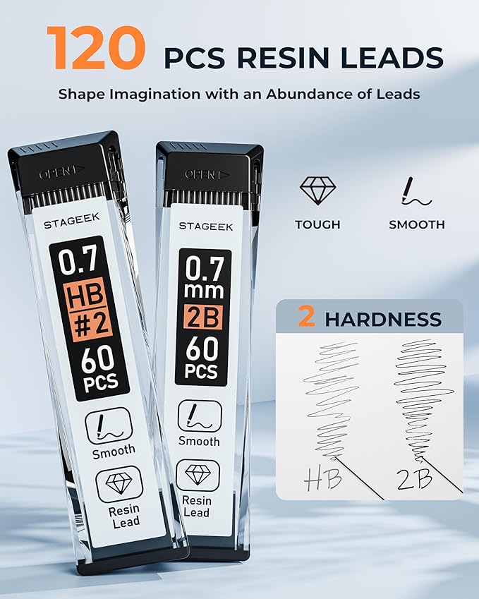 STAGEEK Mechanical Pencils 0.7mm with Case, Metal Weatherproof Body Outdoor Artist Mechanical Pencil with 120 PCS HB & 2B Lead Refills, Eraser, for Writing Drafting Drawing and Sketching