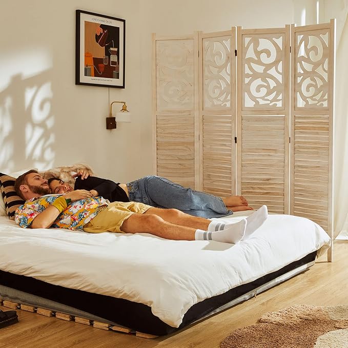 Room Divider Wood Carved Wall Divider Indoor Folding Portable Partition Screen for Home Office Garden Terrace - 4 Panel, 67 * 60inch (White)