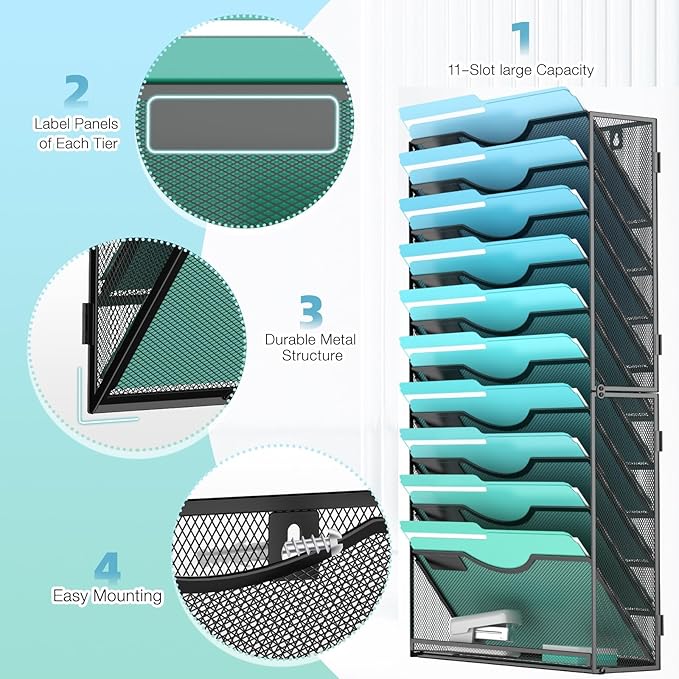 Gawerk 11-Tier Wall File Organizer Hanging Wall File Holder Wall Mount Paper Folder Organize, Mesh Magazine Document Mail Organizer Wall Organizer for Office School Home, Black