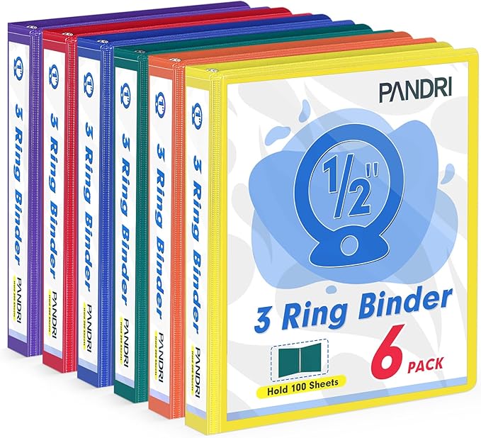 3 Ring Binder 0.5 Inch, PANDRI 6 Pack 1/2-Inch Binder Fits Letter Size 8.5'' x 11'' Paper, Versatile Binders for Office Home School, 2 Pockets, Assorted 6 Color