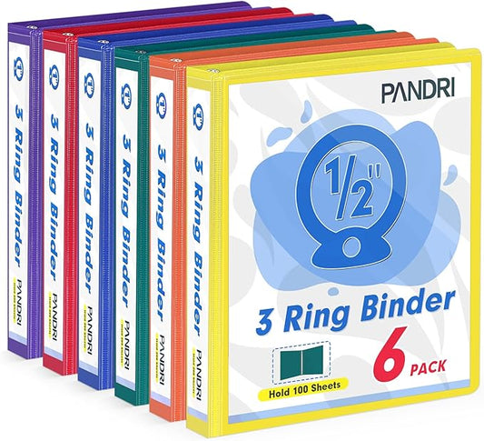 3 Ring Binder 0.5 Inch, PANDRI 6 Pack 1/2-Inch Binder Fits Letter Size 8.5'' x 11'' Paper, Versatile Binders for Office Home School, 2 Pockets, Assorted 6 Color