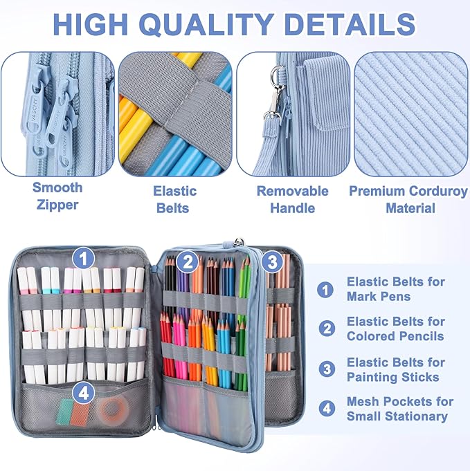 VASCHY Colored Pencil Case, Corduroy Large Pencil Pouch for Art Pens Markers Gel Pens Big Holder Organizer Fits 192 Pencils for Girls Women Light Blue