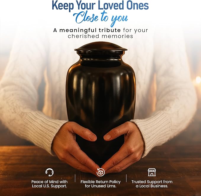 Modern Memorials Cremation Urn for Ashes - Large Urn for Man & Women - 200 Cubic Inches - Includes Velvet Storage Bag - Black
