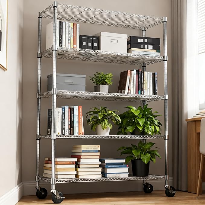 M MZG 5 Tiers Shelf 1750 lbs Steel Storage Shelving Utility Shelving Unit Steel Organizer Wire Rack for Home,Kitchen,Office,Garage Chrome 17.7" D x 47.2" W x 76.8" H