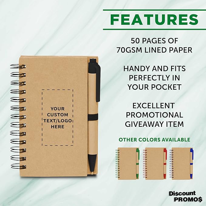Custom Mini Spiral Notebooks with Black Ink Pens Set of 10/50/100, Personalized Bulk Pack - Perfect for School, Office, Business, Home - Black