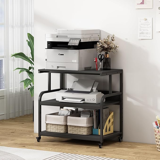Fannova 32.3" x 18.9" Extra Large Printer Stand Table with Adjustable Storage Shelf, 3 Tier Rolling Printer Cart with Industrial Wheels for Home Office, Black