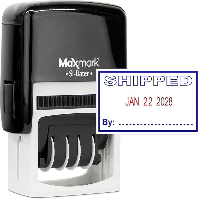 MaxMark Office Self Inking Date Stamp with Phrase Shipped - 2 Color Blue/Red Ink