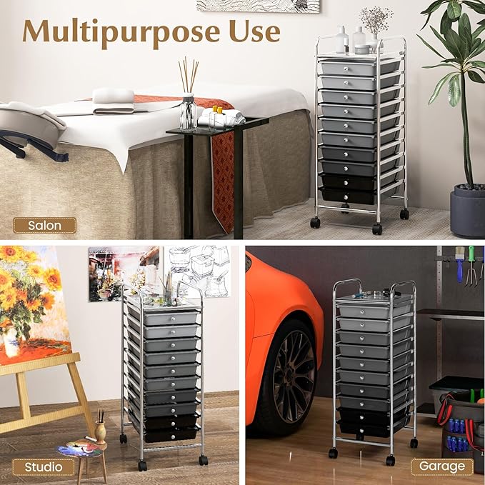 GLACER 10 Drawers Rolling Cart, Storage Cart with w/Removable Drawers & Steel Frame, Utility Mobile Trolley w/Universal Casters & 2 Brakes, Organizer Cart for Home, School, Office (Gradient Grey)