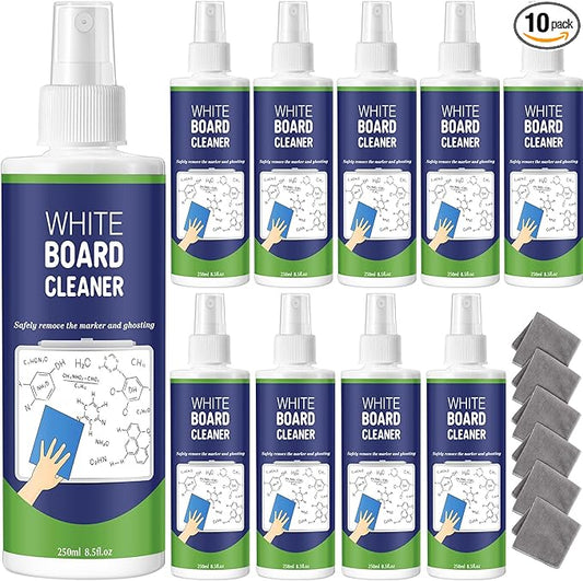 Dansib 10 Pack Non-Toxic Whiteboard Cleaner 8.5fl oz Dry Erase Board Cleaner with 6 Cloths Non-Toxic Dry Erase Cleaning Spray Removes Stubborn Marks from Whiteboards