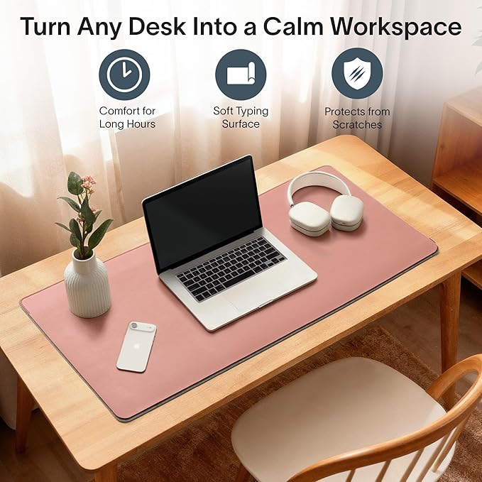 Nordik Felt and Leather Desk Mat - Desert Blush Pink - 35x17 Inch Felt and Vegan Leather Desk Blotter with Document Hideaway - Large Computer Mats for Desktop - Ideal Keyboard Mat for Office and Home