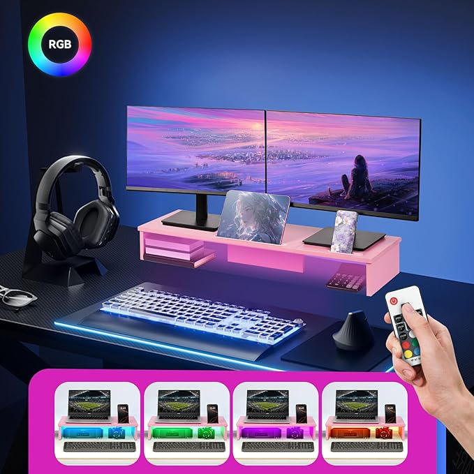 Qupui TV Riser Stand with LED Lights, 42.5in Super Large Monitor Stand with Phone Tablet Holder, Tabletop TV Stand Riser for Desk, Desktop Organizer for Computer, TV, Laptop, Printer