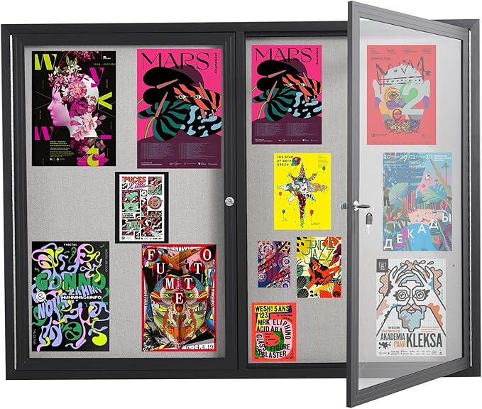 48x36 Inch Lockable Enclosed Bulletin Board, Weather-Resistant Outdoor Noticeboard with 2 Locking Doors, Wall-Mounted Black Aluminum Frame & Grey Felt Presentation Board