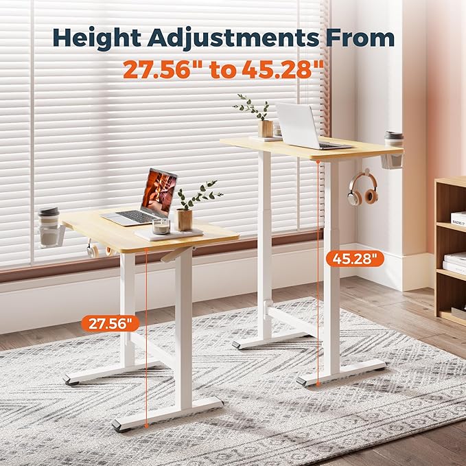 FitStand Small Pneumatic Adjustable Stand Up Desk, Rolling One-Piece Standing Desk 31.5 x 19.7 Inch, Home Office Desk Computer Workstation, Maple