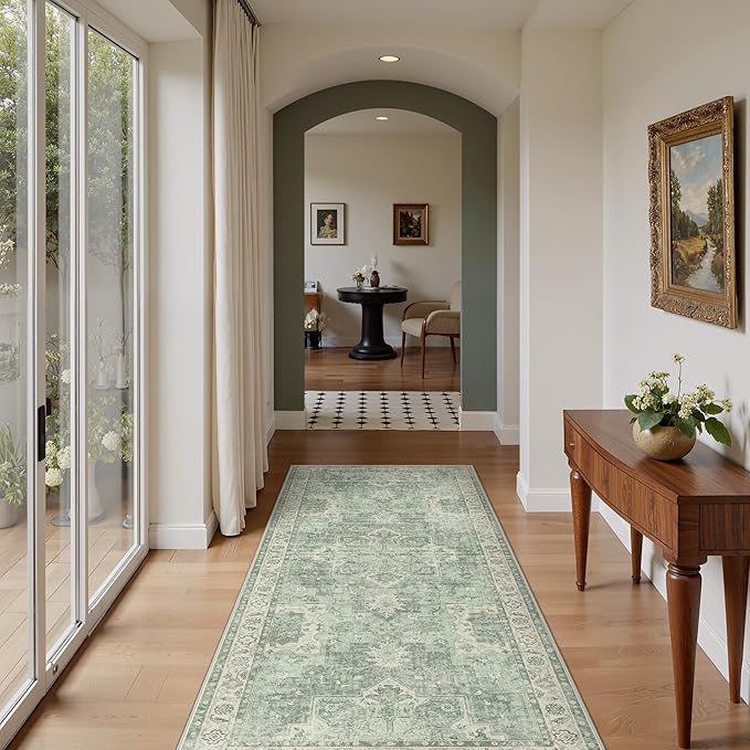 GENIMO 2'6''x6 Runner Rugs for Hallway, Machine Washable Non Slip Vintage Rugs, Low Pile Lightweight Soft Print Rug for enrtyway, Corridor, Home Office, Kitchen, Light Green