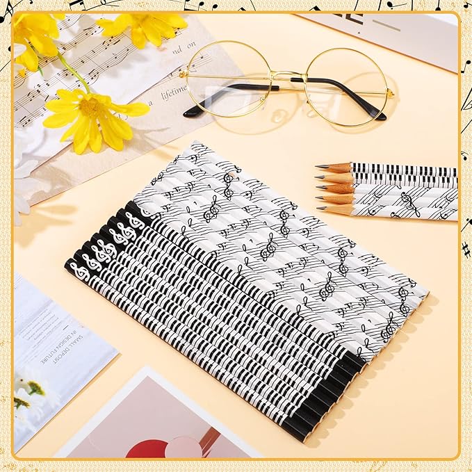 TaoBary 200 Pieces Music Pencils Bulk Music Classroom Supplies Piano Note Pencils Wooden Fun Gifts Party Favors for Piano Students Teachers Artists, Black and White, 7 Inches