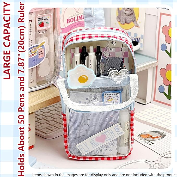 UINSUE Cute Pen case Adorable Bunny Transparent 3-Layer Large Capacity Pencil Case Gadget organizer with Lovely Stickers (Black Plaid)