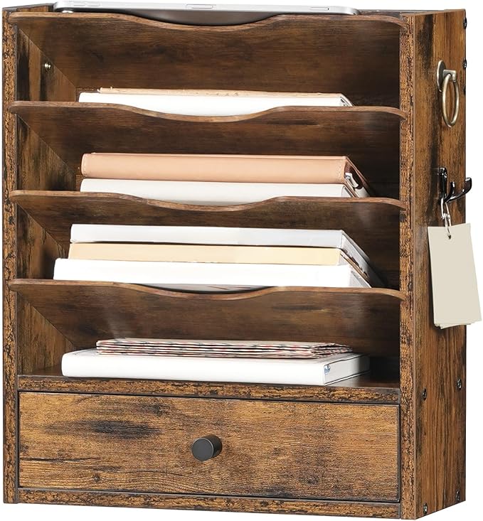 HOOBRO Wall File Organizer, Mail Organizer Wall Mounted, Wooden Literature Organizer, Construction Paper Organizer with Drawer Storage and 2 Hooks, for Office, Classroom, Home, Rustic Brown FG14WF01