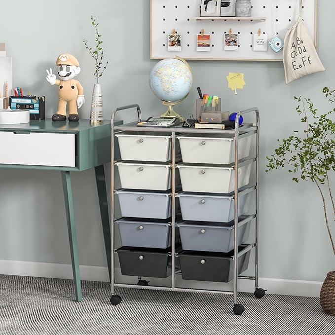 GLACER 10 Drawer Rolling Cart, Storage Cart with Lockable Whieels & Metal Frame, Trolley for Art Craft Oganizer, Mobile Utility Cart for Office, School, Classroom, Kitchen (Gray Gradient)