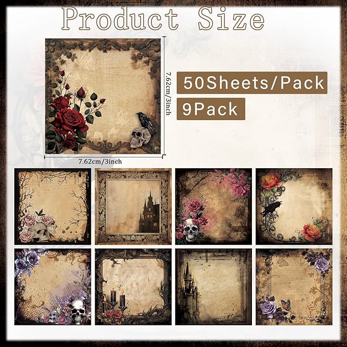 Lovarywow Gothic Sticky Notes Gifts - 9 Pack Gothic Sticky Notes 3x3 Goth Office Supplies Goth Style Design Self-Stick Notepads Creepy Spooky Memo Post Pads School Office Supplies 450 Sheets