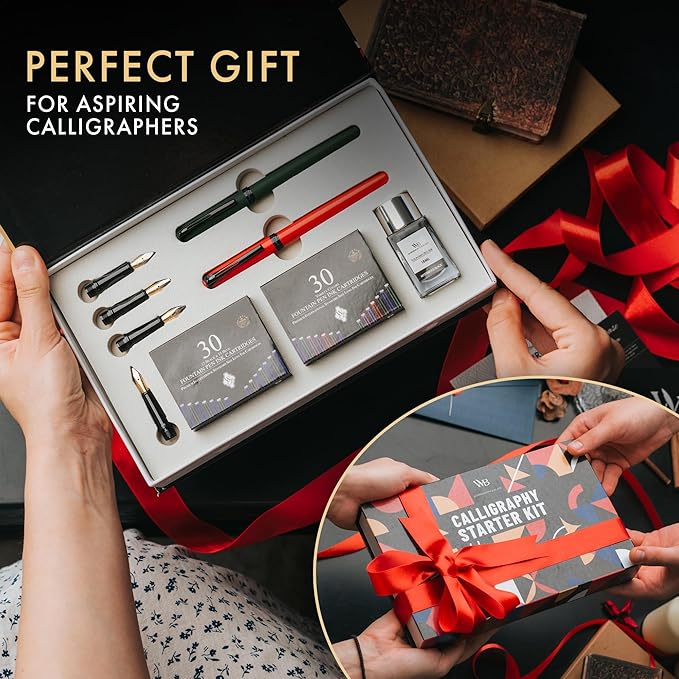 Wordsworth and Black Calligraphy Pen Set - Green - Includes 2 Calligraphy Pens, 18 ML Ink Bottle, 60 Ink Cartridges, Ink Refill Converter, 1 Medium and 4 Broad Nibs, Brush Pen