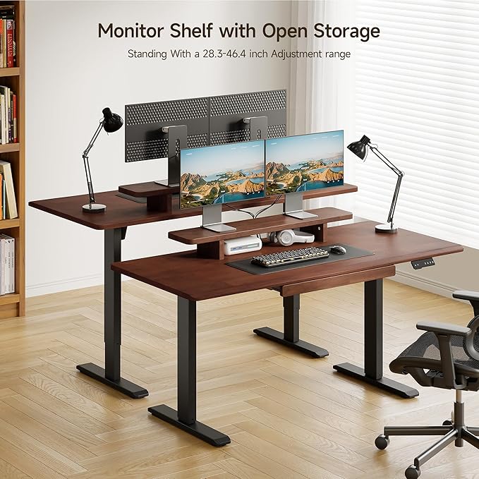 ONBRILL Standing Desk with Drawer, 55x23.6 Inches Solid Wood Desktop Stand Up Desk with Whole-Piece Board and Storage Shelf, Adjustable Height from 28-46 Inches for Home & Office, Black Walnut